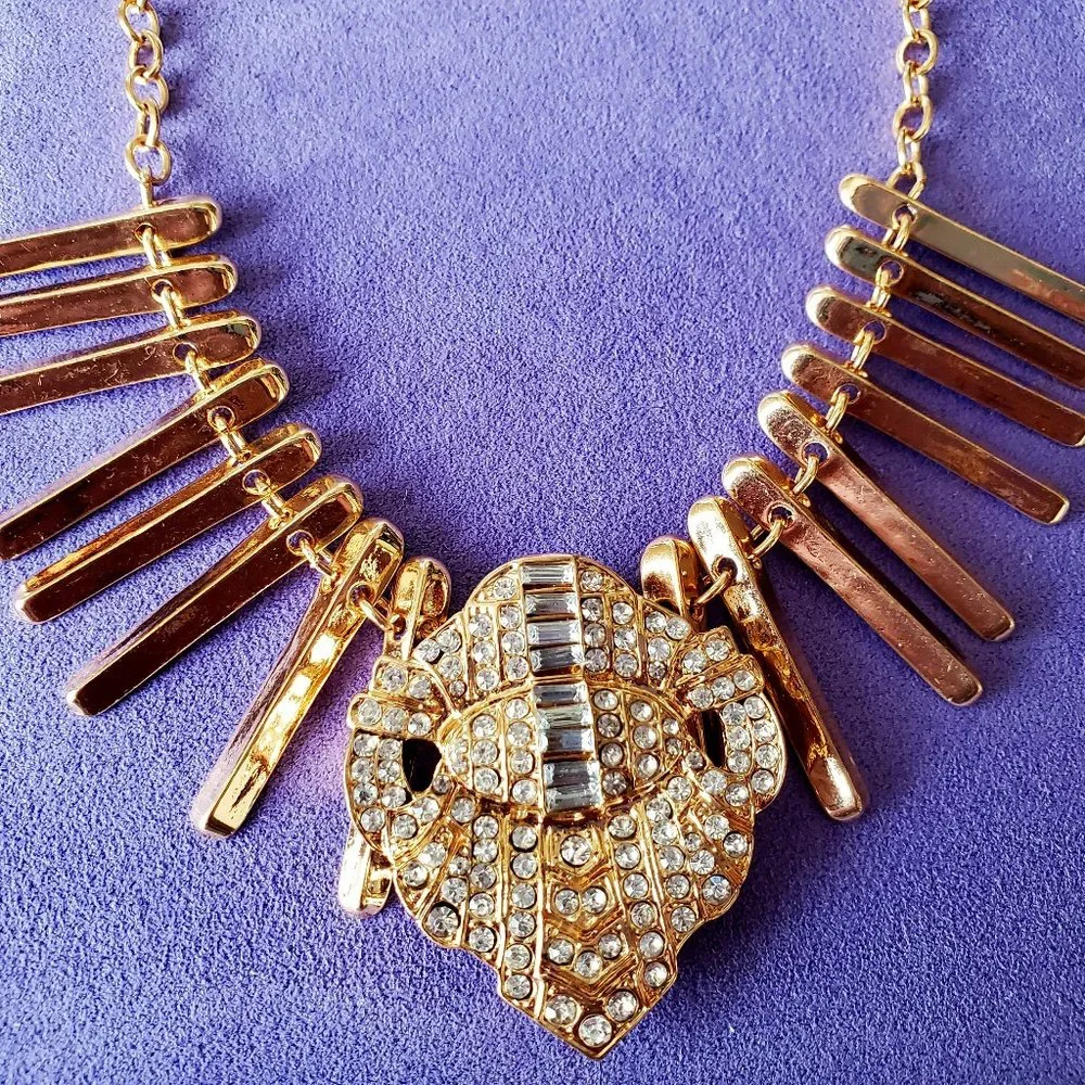 NEW Statement Polished Gold Fringe Rhinestone Center Dressy Runway Necklace